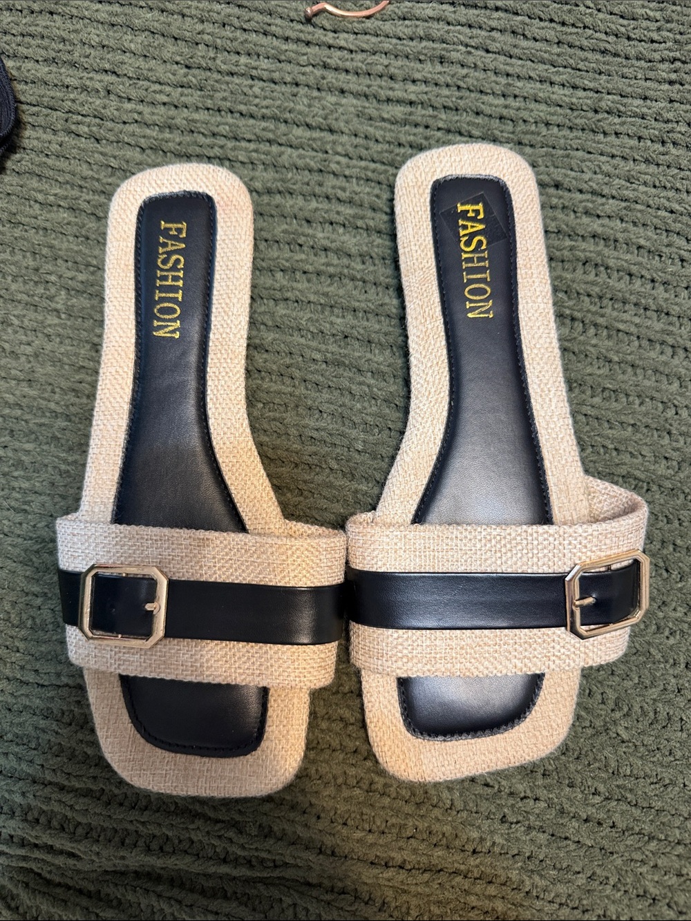Fashion Women's Beige and Black Slide Sandals with Buckle